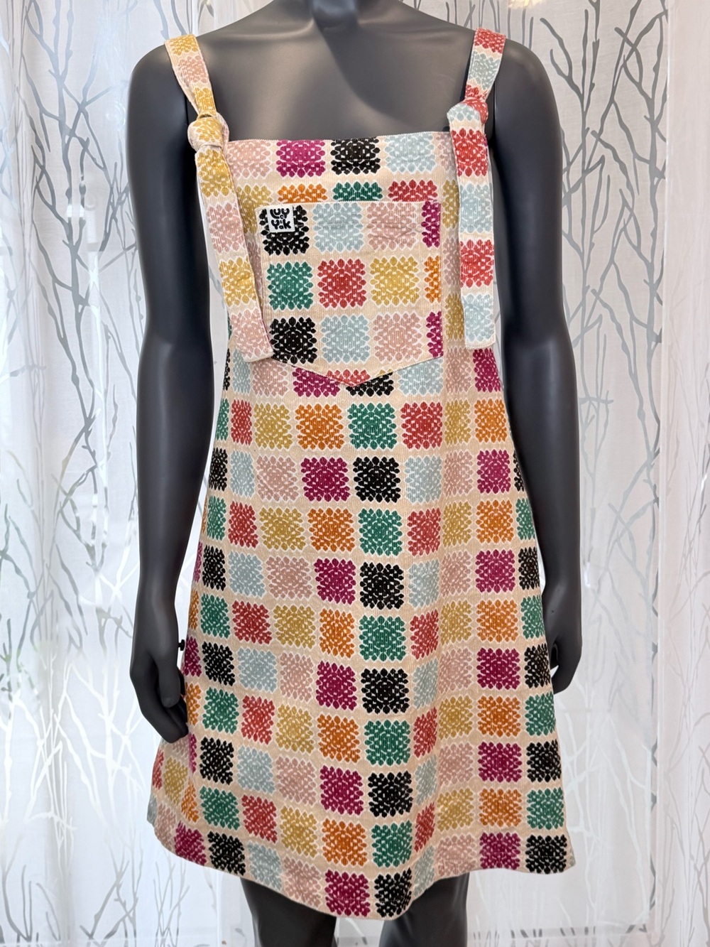Lucy & Yak Anyana Check Corduroy Mini Pini Pinafore Dress Granny Square Size 16